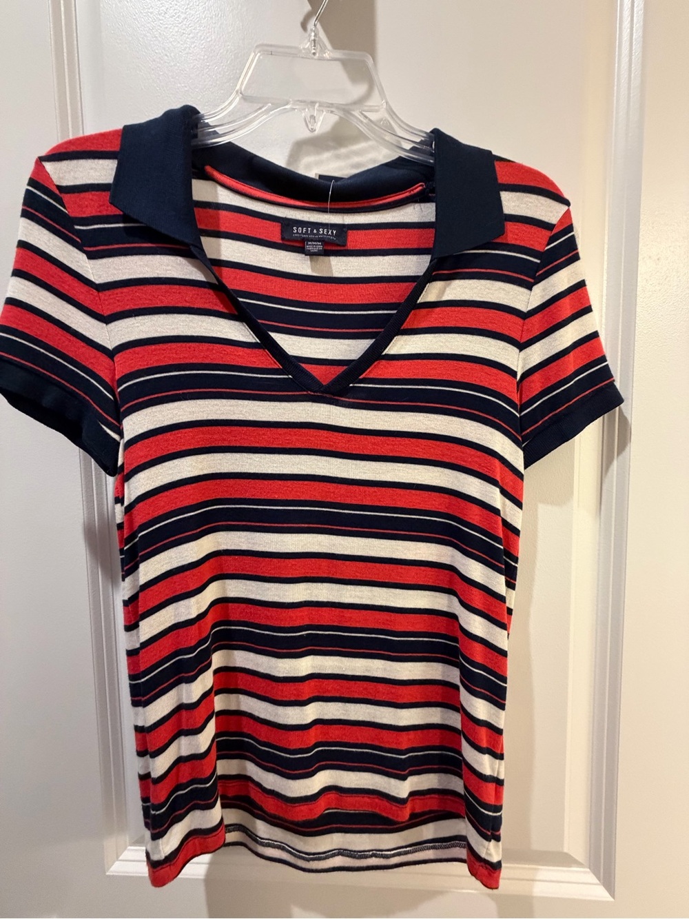 American Eagle Outfitters Red Navy Cream Striped V-Neck Polo Tee
